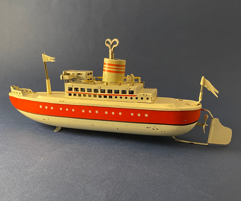 Ancien Bateau De Croisière Ocean Liner Arnold En Métal – Jouet à Remonter Vintage
