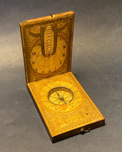 Zero Stock- Antique Diptych Fruitwood Compass Sundial Made In Bavaria Germany