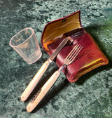 Zero Stock- Vintage Travel Cutlery Set  In Morocco Leather Etui Made In Germany
