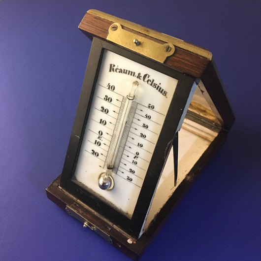 Zero Stock-Antique Travel Thermometer in Pietra Dura Mosaic Box Karlsbad