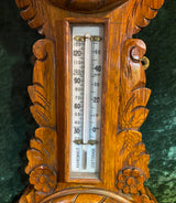 Zero Stock-Antique Marine Barometer 8 Day Clock and Thermometer Compendium in Carved Oak Case