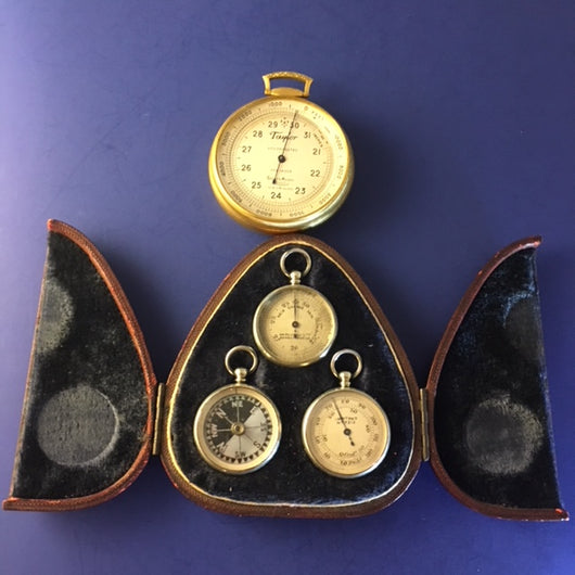 ZERO STOCK-Antique Sterling Silver Pocket Barometer Thermometer and  Compass Travel Set